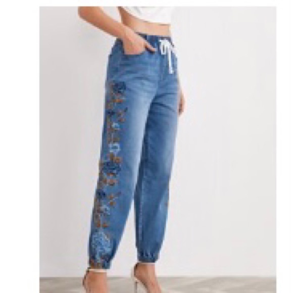 SHEIN Denim - Shein/ Drawstring Waist Embroidered Flower Jeans
